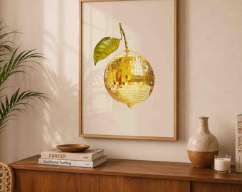 Disco Ball Lemon Wall Art, Lemon Mirror Ball Print, Funky Kitchen Decor, Retro Bar Cart Poster, Disco Fruit Art, Digital Download
