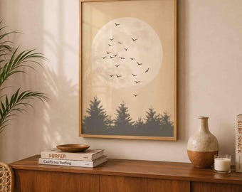 Quadro con luna piena, stampa luna e uccelli, poster forestale neutro, decorazione celeste giapponese
