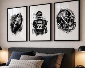 Personalized Football Art Print Set: Black & White Jersey, Helmet, Ball (Digital Download)
