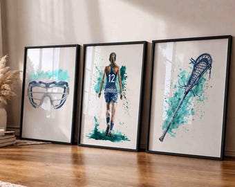 Personalized Girls Lacrosse Wall Art Set of 3, Custom Name & Number Jersey Prints, Teen Girl Bedroom Decor