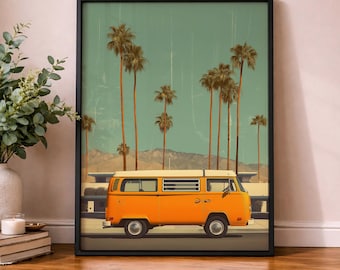 May include: Framed art print featuring an orange vintage van driving on a road with palm trees and mountains in the background. The sky is a teal color. The print is in a black frame.