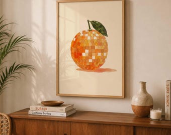 Oranje discobal kunst aan de muur, disco fruit print, dopamine decor, maximalistische muur kunst, keuken muur decor, retro afdrukbare kunst