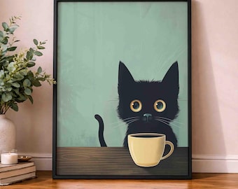 Kaffetryck, svart katttryck av kaffedrickande, modern köksinredning, bistrokaffeposters, presenter till kattälskare, kattdekor för hem och café