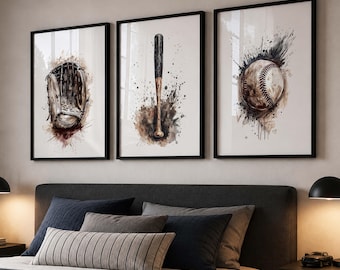 Vintage Baseball Wall Art Set of 3, Baseball Bat Ball Glove Prints, Boys Bedroom Decor, Sports Nursery, Printable Art