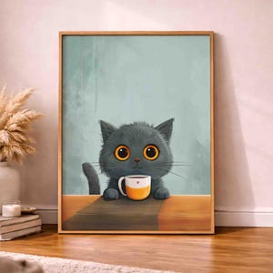 Lámina decorativa de gato gris para la pared, estampado de gato adorable, decoración para la estación de café, regalo para amantes de los gatos, póster acogedor para la cocina, descarga digital.