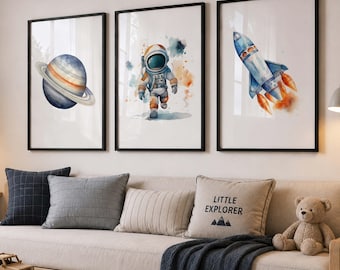 Outer Space Prints Set of 3, Space Nursery Decor, Astronaut Rocket Ship Planet Wall Art, Boys & Kids Room Decor, Gift for Space Travel Boys
