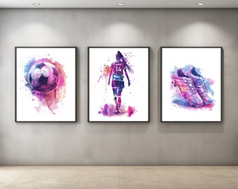 Stampe personalizzate per bambine calciatrici: set da 3, cameretta rosa e viola (download digitale)
