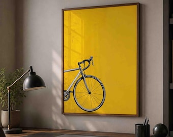 Plakat ścienny z rowerem szosowym, żółty wydruk z rowerem, prezent dla rowerzysty, minimalistyczny plakat z kolarstwem, pobieranie cyfrowe