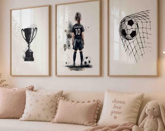 Girls Soccer Wall Art Set of 3, Personalized Soccer Name Print, Custom Soccer Jersey Poster, Soccer Bedroom Decor, Gift for Soccer Player
