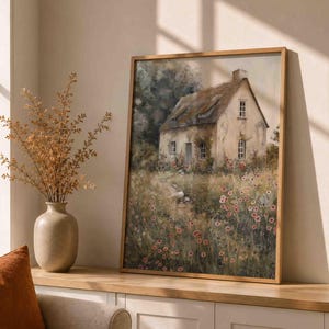 Vintage Country Cottage Wall Art, Wildflower Field Print, Rustic Farmhouse Decor, Countryside Landscape, Cottagecore Printable