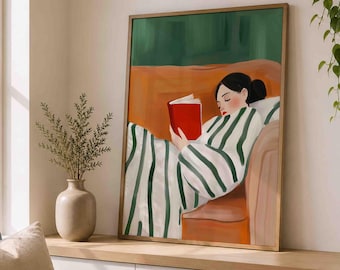 Book Lover Wall Art, Woman Reading Print, Emerald Green Library Decor, Cozy Reading Nook Printable, Literary Wall Art