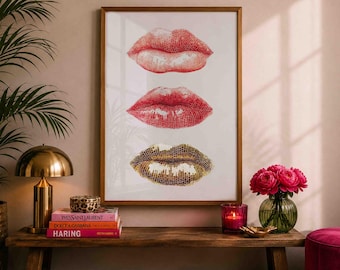 Disco Lips Wall Art, Pink Gold Kiss Print, Glam Fashion Poster, Girly Bedroom Decor, Makeup Room Wall Art, Trendy Printable