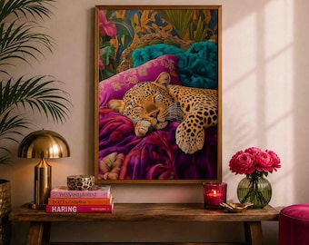 Sleepy Leopard Wall Art, Luxury Animal Print, Emerald Green Jungle Decor, Pink Maximalist Poster