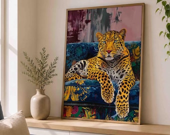 Leopardväggkonst, maximalistiskt djurtryck, färgglad djungelposter, eklektisk lyxdekor, digital nedladdning