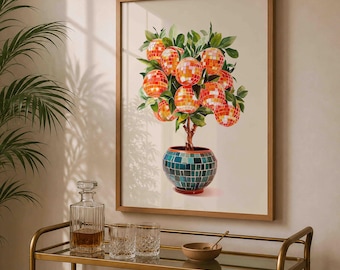 Retro Orange Tree Disco Mirror Ball Print, Glam Disco Ball Oranges, Mirror Ball Bar Cart Poster, Preppy Trendy Fruit Ball Art, Gift for Her