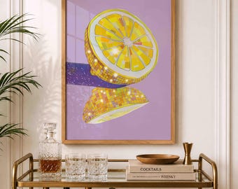 Lemon Disco Ball Print, Funky Kitchen Wall Art, Retro Fruit Poster, Dopamine Decor Printable