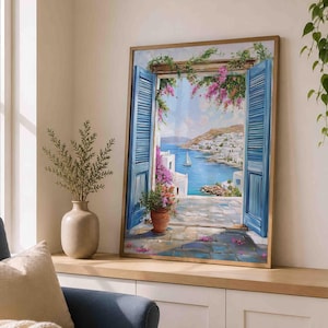 Open Window Mediterranean Wall Art, Greek Island Coastal Print, Blue Shutters & Bougainvillea, Travel Poster