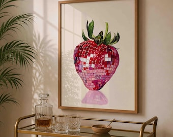 Aardbei discobal muurkunst print, funky fruit poster, retro esthetisch decor, dopamine keukenkunst, trendy kamer decor