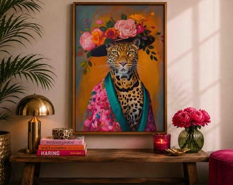 Fashion Leopard Wall Art, Maximalist Animal Portrait, Floral Leopard Print, Eclectic Dopamine Decor