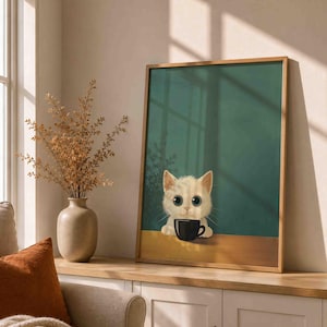Muurdecoratie met witte kat die koffie drinkt, print van een kat die koffie drinkt, keukendecoratie, poster voor de koffiebar, cadeau voor kattenliefhebbers