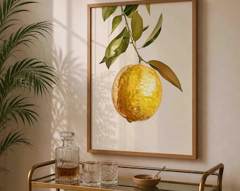 Retro Lemon Disco Mirror Ball Print, Food and Drink Mirror Ball Bar Cart Poster, Preppy Citrus Fruit Ball Wall Art, Funky Home Decor Gift