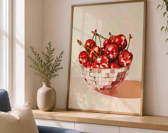 Peut inclure: Une impression d'art murale encadrée représentant un bol rempli de cerises. Le bol et les cerises sont rendus avec un motif de mosaïque miroir réfléchissant, créant un effet boule à facettes dans des tons rouge vif, argent et blanc.