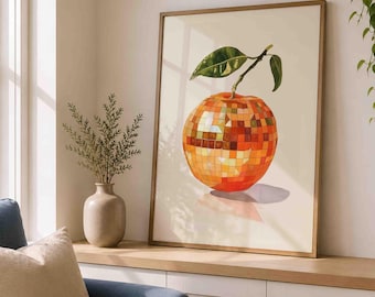Orange Disco Ball Print, Funky Fruit Wall Art, Retro Kitchen Decor, Dopamine Decor, Mirror Ball Orange Poster, Digital Download
