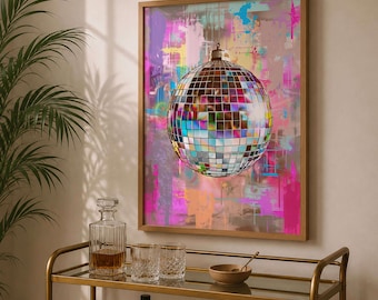 Lámina de bola de discoteca, arte mural de bola de espejos colorida, póster de decoración maximalista, decoración dopaminérgica, arte de cocina original, descarga digital