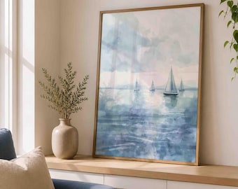 Coastal Wall Art, Sailboat Print, Beach House Decor, Nautical Ocean Art, Blue Seascape Printable