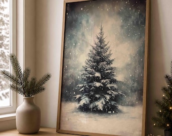 Moody Pine Tree Wall Art, Snowy Christmas Tree Print, Vintage Winter Landscape, Rustic Holiday Decor
