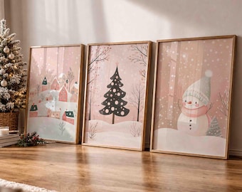 Pink Christmas Wall Art Set of 3, Pastel Winter Village Prints, Christmas Tree & Snowman Decor, Holiday Digital Download