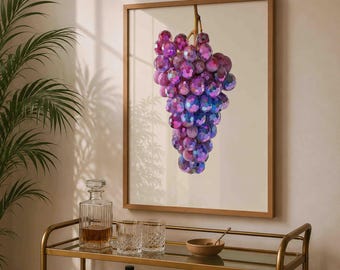 May include: A framed wall art print featuring a cluster of grapes rendered with a faceted, iridescent purple and blue finish. The grapes are depicted with a geometric, crystalline texture that reflects light, creating a vibrant, multi-colored appearance against a plain, light-colored background.