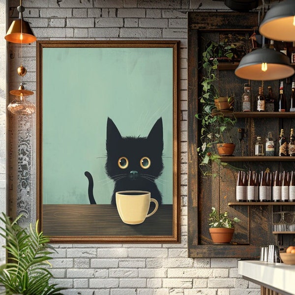 Coffee Print, Black Cat Print of Coffee Drinking, Modern Kitchen Decor, Bistro Coffee Posters, Cat Lover Gifts, Cat Decor for Home and Café