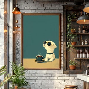 コーヒープリント、コーヒーを飲む犬のプリント可能な壁アート、コーヒーカートの装飾、犬好きのキッチンアート、コーヒー好きのギフト、風変わりな動物の壁アート