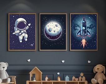 Outer Space Prints Set: Astronaut, Moon, Rocket (Digital Download)