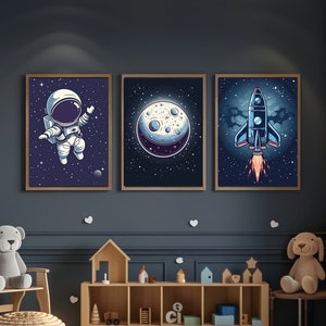 Conjunto de impresiones espaciales de 3, cartel de pared imprimible en el espacio exterior, regalo de guardería espacial, decoración de la habitación para niños, nave espacial, luna, astronauta, estrellas