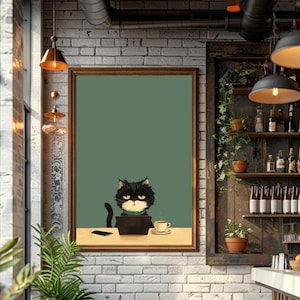 Stampa artistica Cat Office, divertente gatto nero che lavora alla scrivania, arredamento per ufficio, poster del caffè con gatto scontroso, regali per gli amanti dei gatti, poster del caffè da bistrot