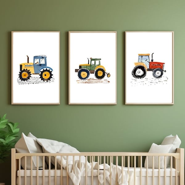 Tractor Print, Set of 3 Nursery Prints, Farm Vehicle Wall Art, Baby Boy Playroom Home Decor, Green Red Blue Tractor Gift, Digital Download