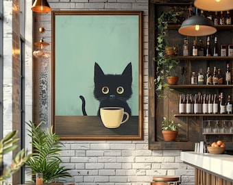 Impression de café, impression de chat noir en train de boire du café, décoration de cuisine moderne, affiches de café de bistrot, cadeaux pour amoureux des chats, décoration de chat pour maison et café