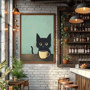 Impresión de café, impresión de gato negro de beber café, decoración de cocina moderna, carteles de café bistró, regalos para amantes de los gatos, decoración de gatos para el hogar y la cafetería