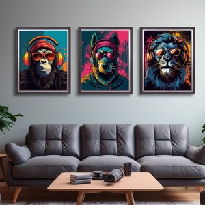 Juego de 3 impresiones de juegos, carteles de arte de pared para jugadores, decoración de dormitorio de niños y adolescentes, arte de animales con grafitis, león, mono, lobo, regalo de moda para jugadores