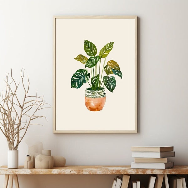 Monstera Plant Print, Botanical Wall Art, Plant Lover Gift, Boho House Plant Decor Floral Picture, Room Decor Ideas, Potted Indoor Plant