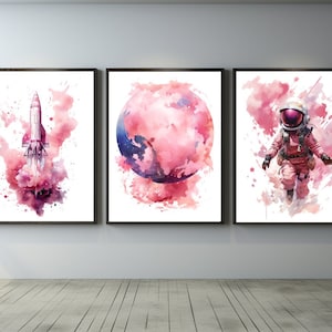 Ensemble d'impressions roses de fille d'astronaute, chambre d'enfant de l'espace à imprimer, affiches d'astronaute de fusée de planète aquarelle, art de chambre de fille d'espace, cadeau pour elle