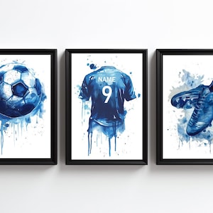 Personalised Soccer Wall Art Prints, Set of 3 Custom Football Posters, Soccer Jersey, Custom Name Digital Art, Personalized Blue Soccer Gift