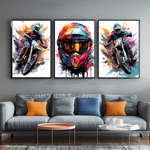 Conjunto de impresiones de motocross de 3 motos de cross de acuarela, regalo de motocicleta para él novio, decoración de la habitación de los niños, cartel de deportes de motor, moto digital