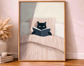 Reading Cat Wall Art, Black Cat Book Print, Book Lover Decor, Cute Cat Printable, Literary Wall Art