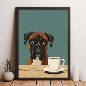 Brindle Boxer Coffee Art Print, Cute Pet Lover Gift, Coffee Station Poster, Trendy Kitchen Wall Art, Dog Lover Printable, Modern Decor