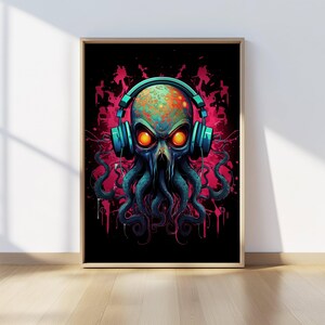 Funky octopus illustration with neon effects and headphones, suited for gamers and digital art lovers.