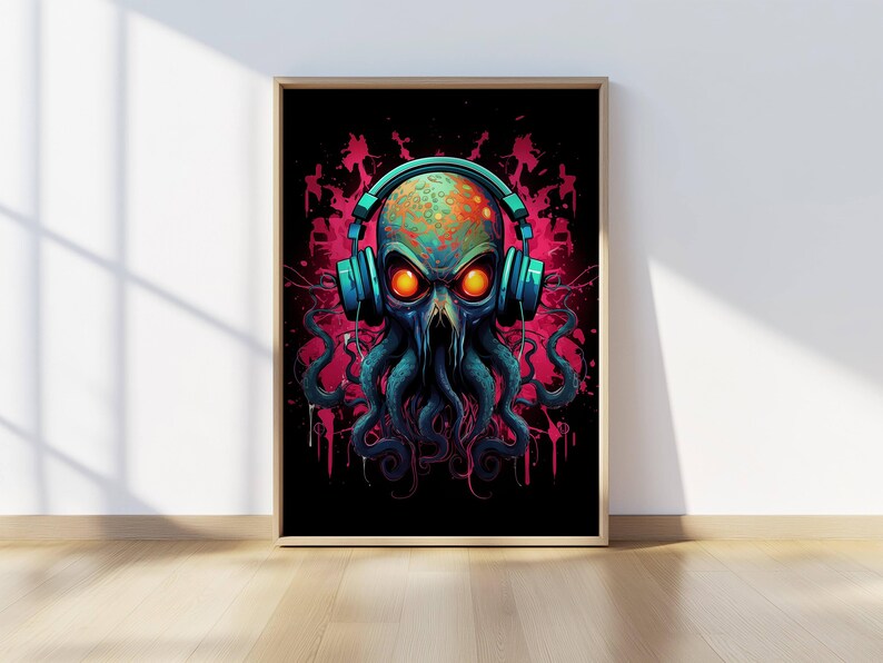 Funky octopus illustration with neon effects and headphones, suited for gamers and digital art lovers.