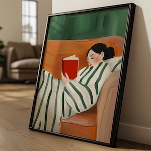 Lámina artística de mujer durmiendo, rayas verde esmeralda, ilustración de lectura acogedora, arte de pared para amantes de los libros, decoración estética hygge, regalo literario